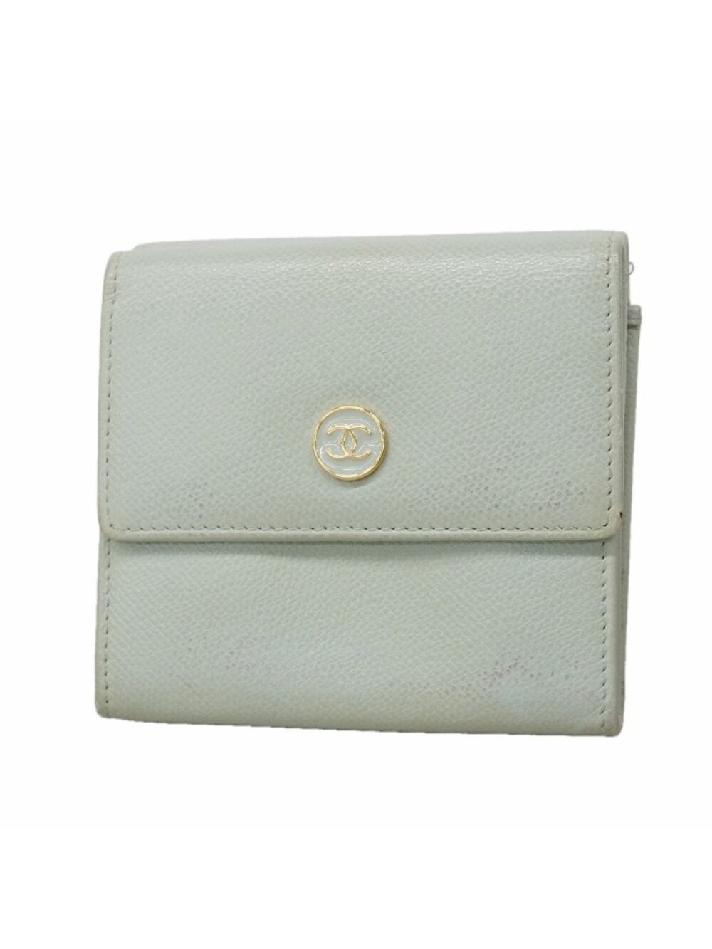 Chanel Trifold Wallet Coco Buttons Caviar Leather Light Green Gold